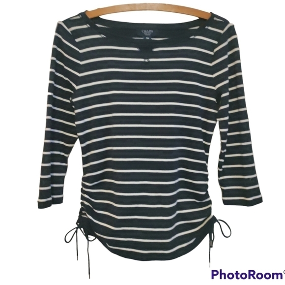 Chaps petite medium top black with white stripes tie accent on sides 3/4 sleeve - Picture 1 of 6